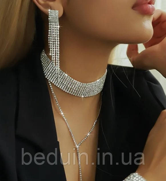 Вечірній комплект прикрас зі стразів "Denisty" набір: намисто та сережки — сріблястий Aushal Jewellery