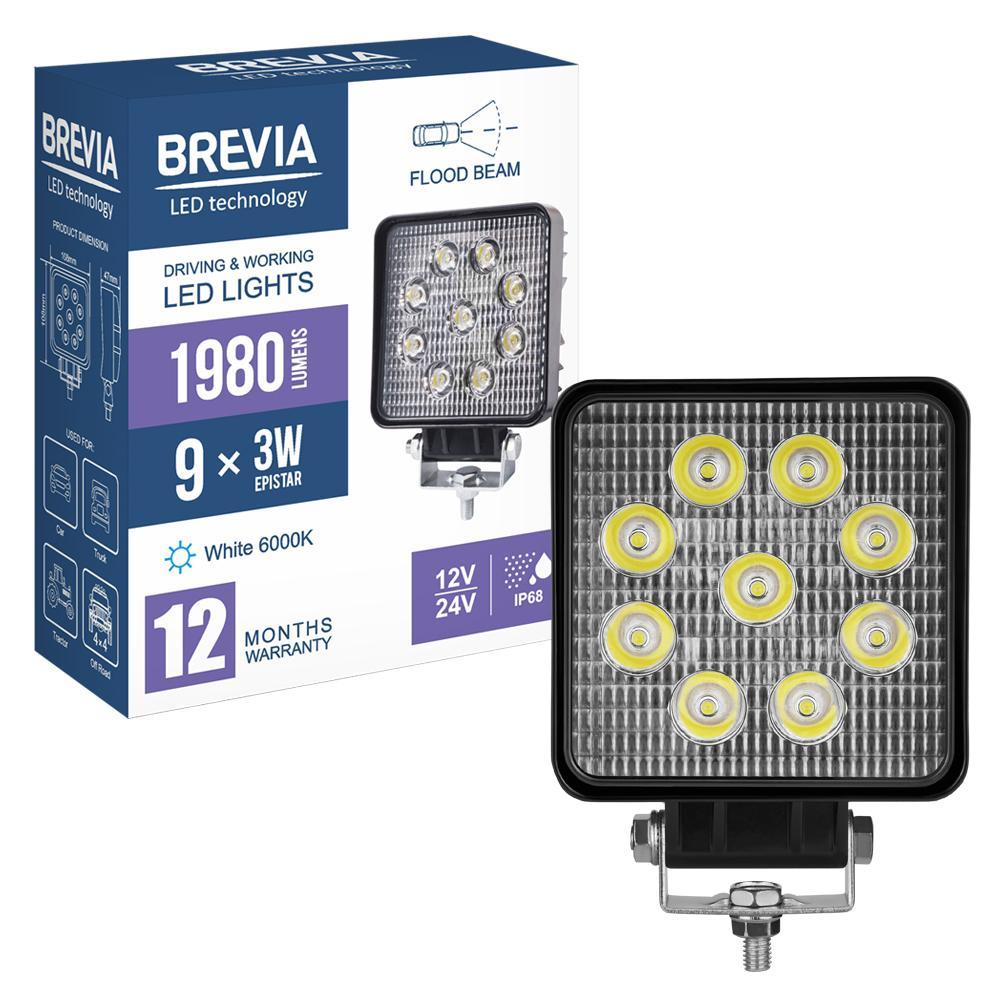 Фара світлодіодна Brevia 10-30V, 27W (9x3W), 1980Lm, EPISTAR, FLOOD