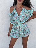 Жіночий літній комбінезон шортами/ромпер із відкритими плечима та квітковим принтом на регульованих бретелях, фото 3