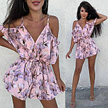 Жіночий літній комбінезон шортами/ромпер із відкритими плечима та квітковим принтом на регульованих бретелях, фото 10