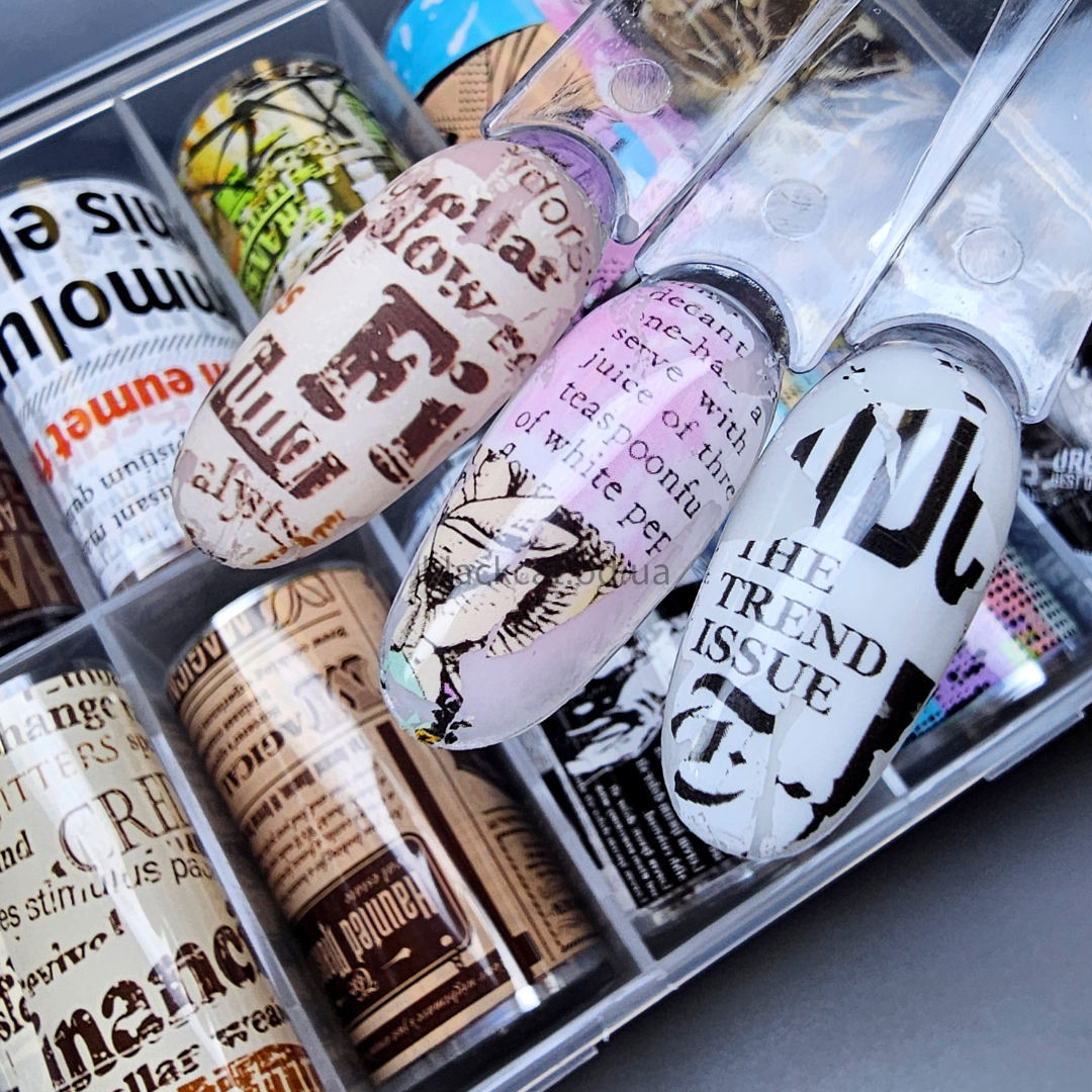 Фольга для дизайну нігтів матова з літерами, газета, з газетою, з написами, написи, букви англійські, журнал, фото 1