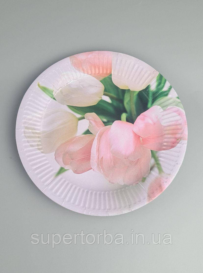 Паперова тарілка з малюнком 18 см "No 8" Рожеві тюльпани 10 шт (1 пачка), фото 1