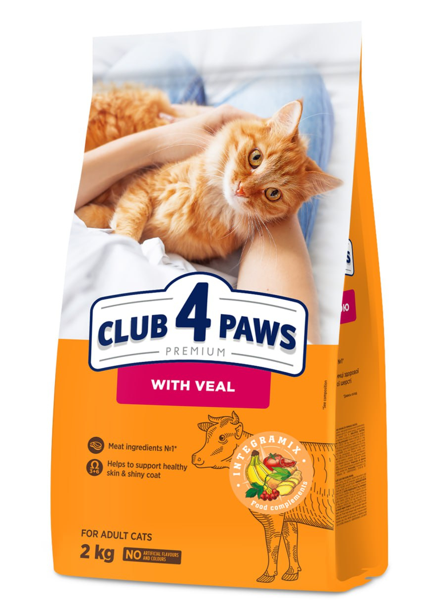 Сухий корм CLUB 4 PAWS Телятина для дорослих котів Клуб 4 Лапи ПРЕМІУМ, 2 кг, фото 1