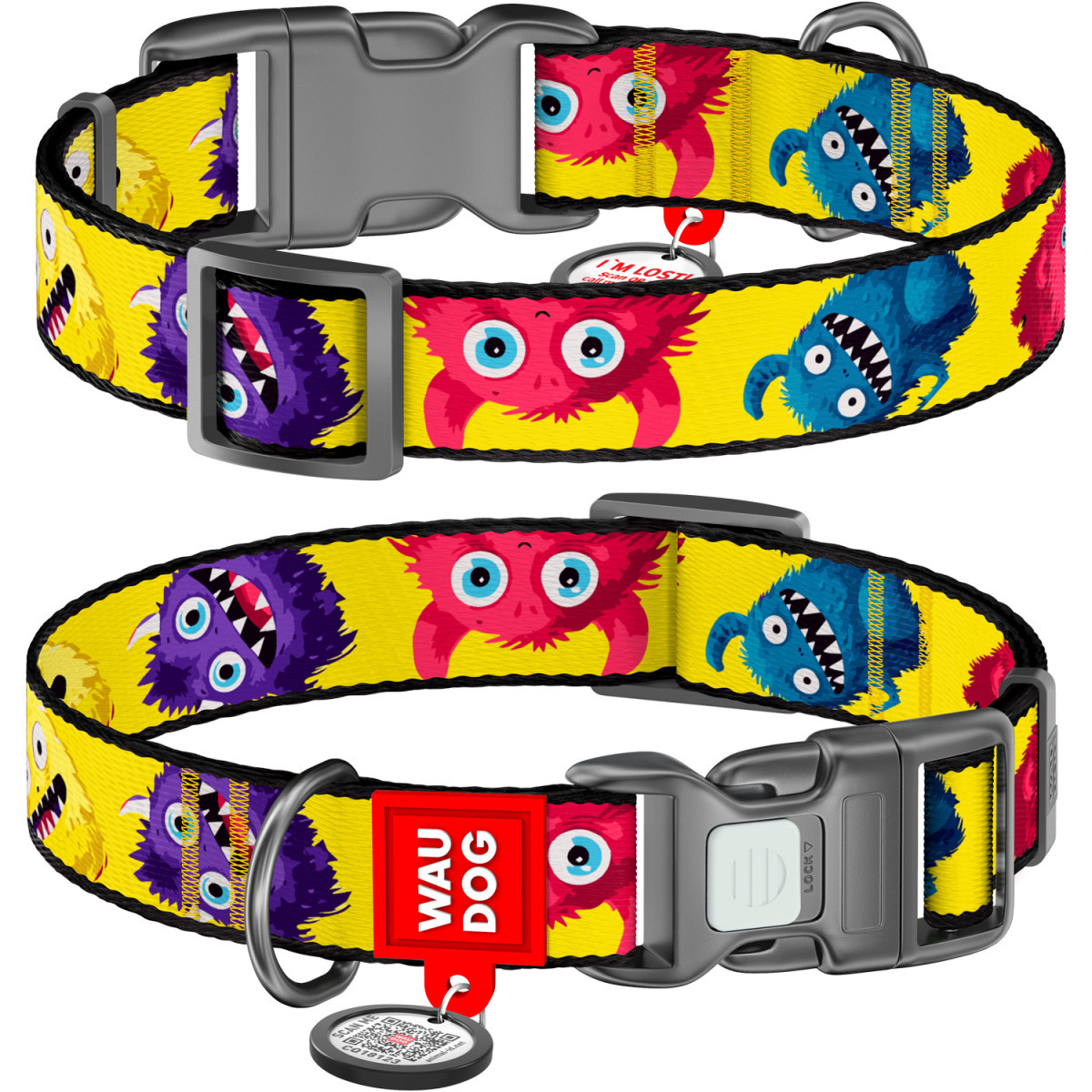 Нашийник WAUDOG Nylon Мохнаті монстри, з QR паспортом, пластиковий фастекс, S 15мм 25-35см, фото 1