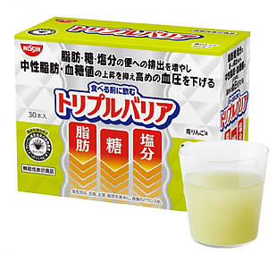Nissin Foods Triple Barrier Psyllium Напій із лушпиння насіння подорожника, смак зеленого яблука, 30 пакетиків х7 г. До 02/2027