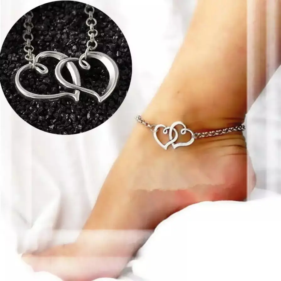 Жіночий браслет серце ланцюжок на ногу з подвійним серцем, фото 1
