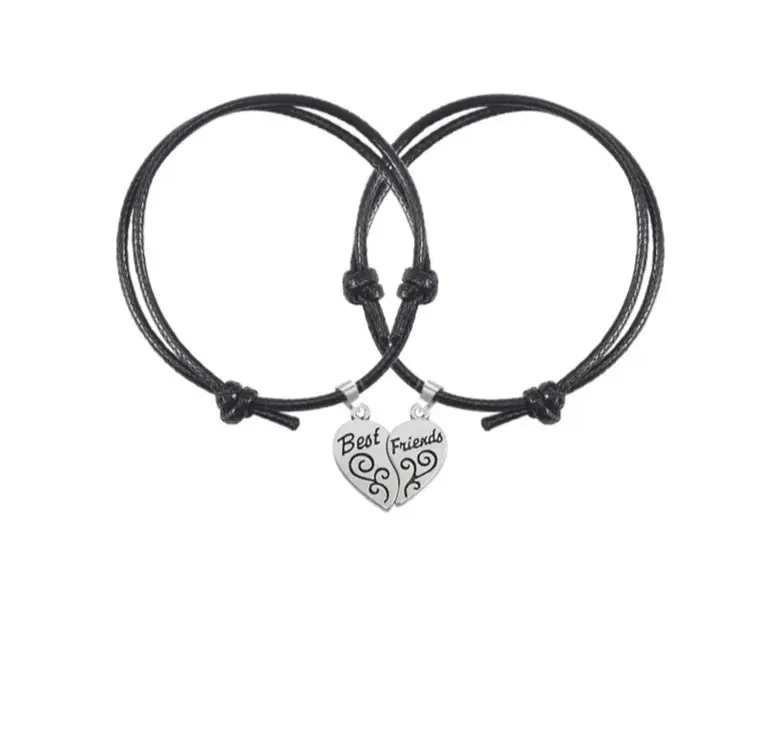 Парні браслети best friends для друзів подруг дві половинки серця на чорному шнурку, фото 1