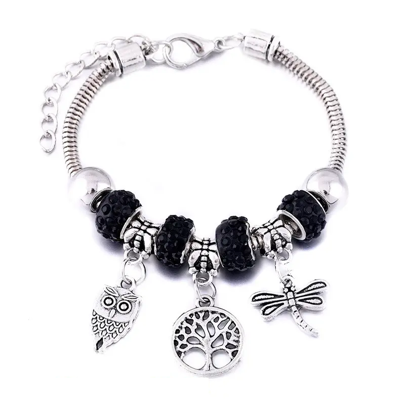 Жіночий браслет в стилі пандора Pandora чорні камені з підвісками дерево життя сова бабка регульований, фото 1
