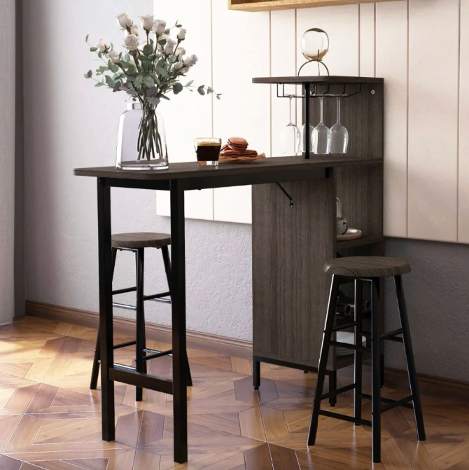 Барний стіл зі стільцями Costway Bistro з тримачем винних келихів коричневий