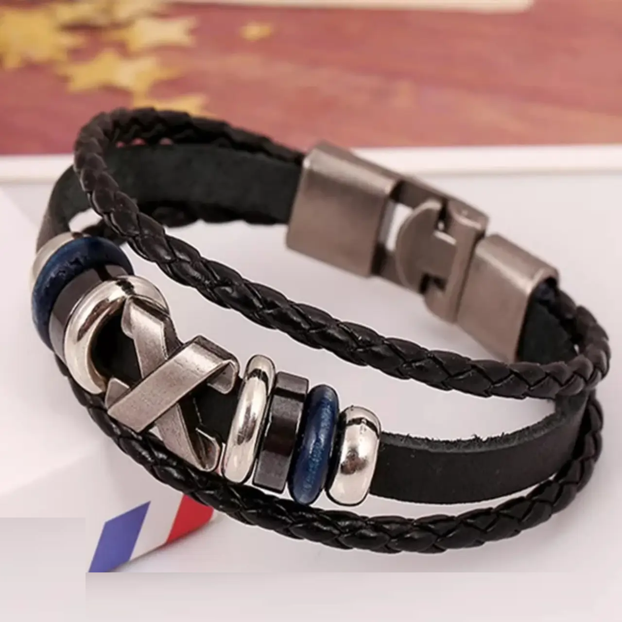 Чоловічий шкіряний браслет X з екошкіри вставки сталь із пряжкою, фото 1