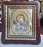 Икона Семистрельная Пресвятая Богородица в темном деревянном фигурном киоте под стеклом, киот 26*23,сюжет15*18