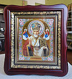 Ікона Святого Миколая Чудотворця в білому фігурному арочному кіоті під склом, розмір кіота 28*25, розмір сюжету 15*18., фото 3