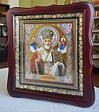 Ікона Святого Миколая Чудотворця в білому фігурному арочному кіоті під склом, розмір кіота 28*25, розмір сюжету 15*18., фото 4