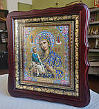 Ікона Єрусалимська Пресвята Богородиця у темному фігурному дерев'яному кіоті під склом, кіот 26*23, сюжет 15*18., фото 2