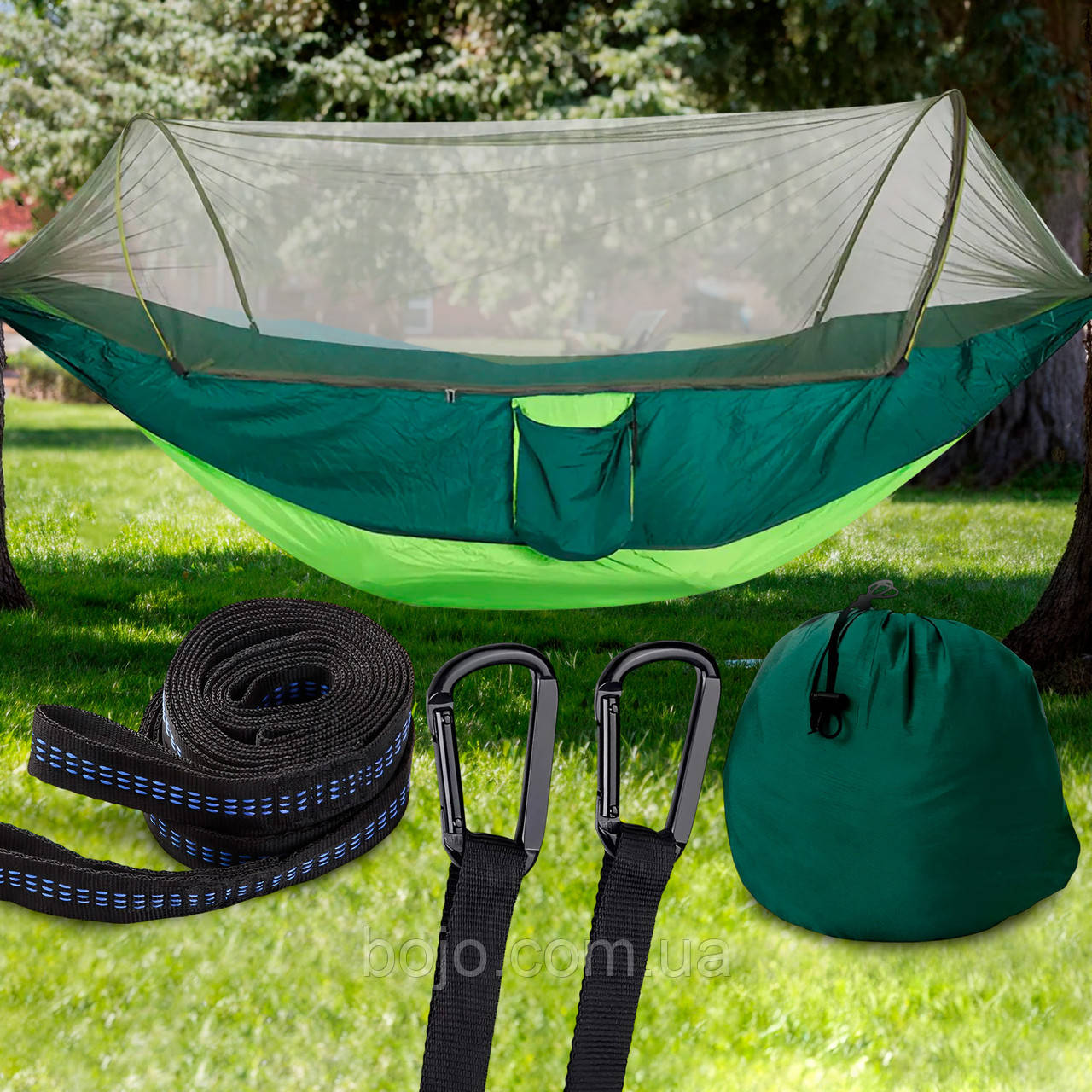 Кемпінговий туристичний складний гамак з москітною сіткою і дугами V2 Зелено-салатовий