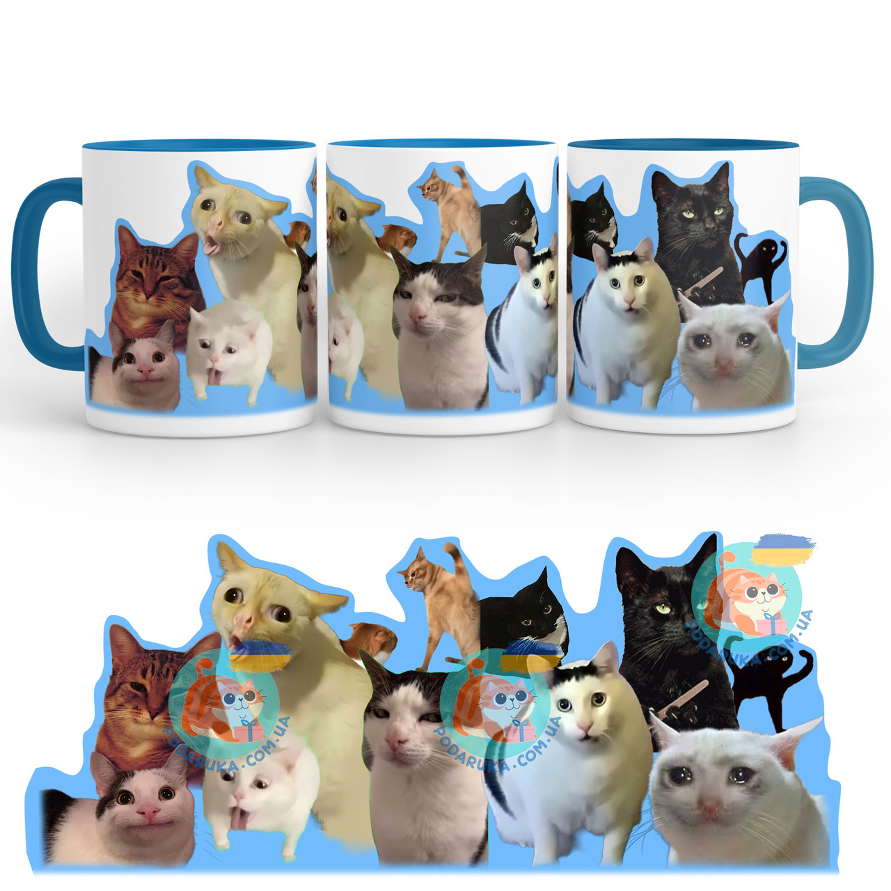Чашка 330 мл з блакитною ручкою Коти тіктока, фото 1