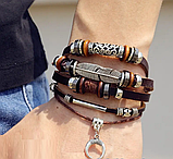 Чоловічий браслет багатошаровий з рогом пір'ям панк шкіряний мотузковий натуральна шкіра, фото 2