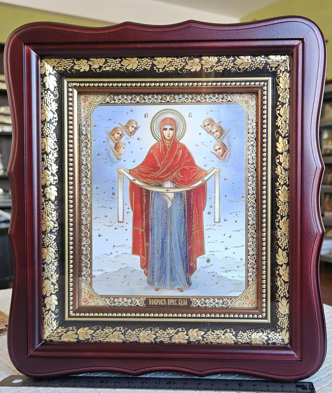 Ікона Пресвята Богородиця Покров у білому фігурному кіоті під склом, розмір 24×21, сюжет 15*18., фото 1