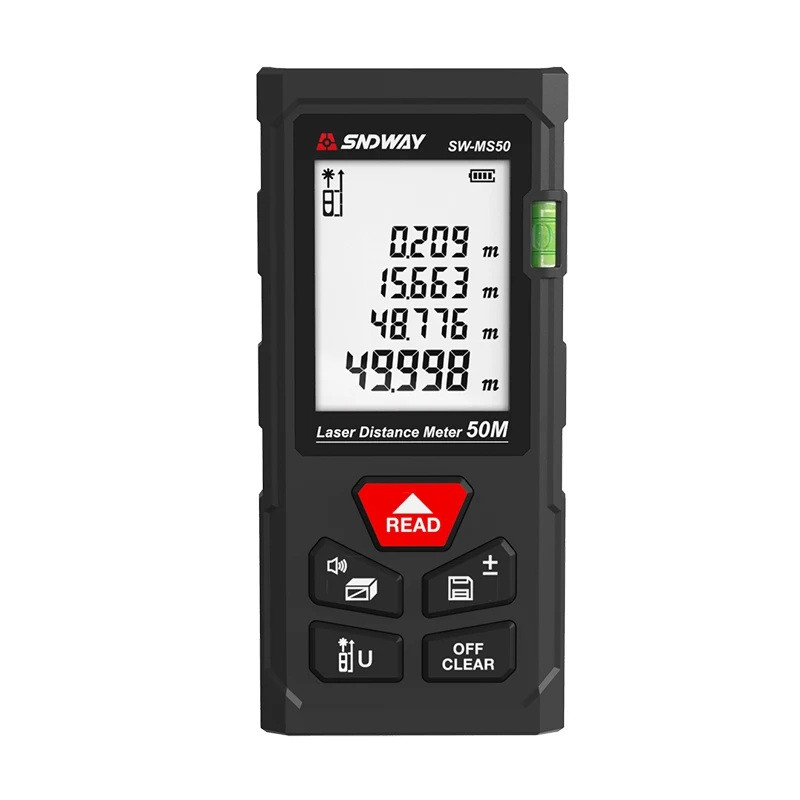Лазерний цифровий далекомір SNDWAY SW-MS50, 50м, з пам’яттю 99 вимірів, вимірювання площі та об’єму