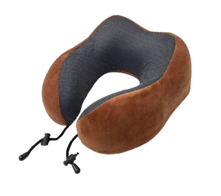 Дорожня подушка-рогалик Memory foam під шию з фіксатором Коричнева