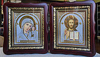 Венчальные иконы для дома в темном фигурном деревянном киоте под стеклом 26*23, сюжет #3, сюжет 15*18