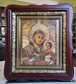 Віфлеємська ікона Богородиця в темному фігурному дерев'яному кіоті під склом , розмір кіота 26×23, сюжет 15×18