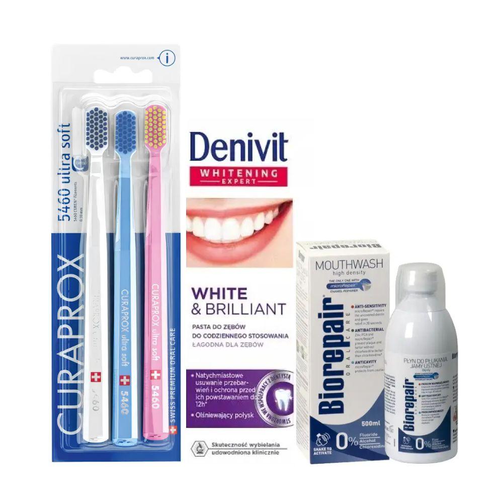 Набір зубних щіток Curaprox CS 5460/3 Ultra Soft + зубна паста Denivit White&Brilliant відбілююча + ополіскувач BIOREPAIR
