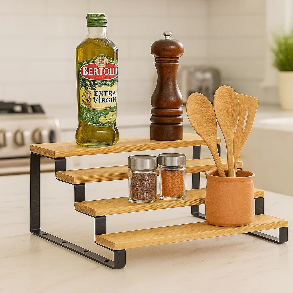 Полиця для ванної кімнати та кухні дерев'яна багатоярусна на 4 ступені для спецій, стійка ступінчаста для банок, фото 1