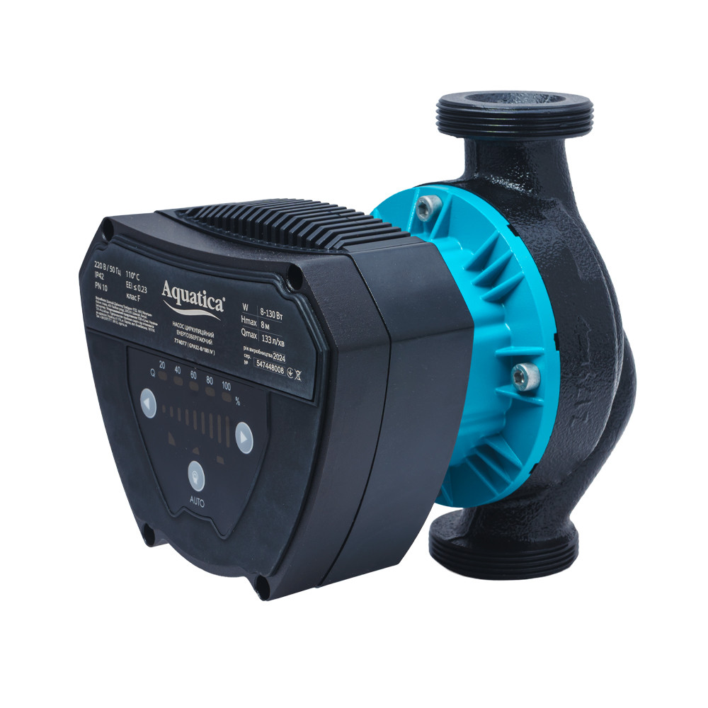 Насос циркуляційний енергоощадний 8-130 Вт Hmax 8 м Qmax 133 л/хв Ø 2" 180 мм + гайки Ø11⁄4" AQUATICA, фото 1