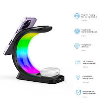 Бездротова зарядка 3в1 для iphone навушників годинника MagSafe RGB Чорна, фото 3