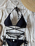 Жіночий роздільний купальник чорний купальник шторки на зав'язках, S, M, L, фото 5