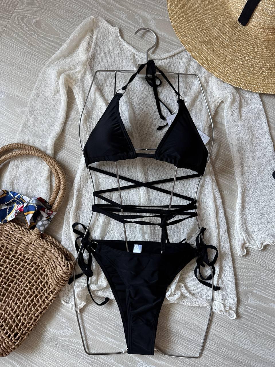 Жіночий роздільний купальник чорний купальник шторки на зав'язках, S, M, L, фото 1