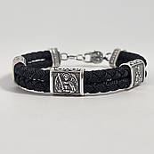Браслет чорний зі срібними вставками з образами святих шовковий на руку