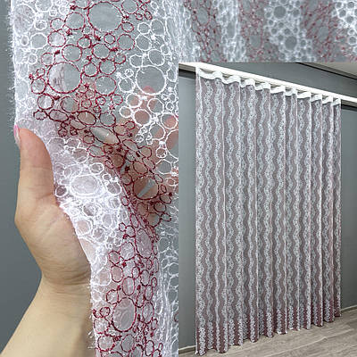 Тюль органза з вишивкою та люрексом. Колір бордовий з білим. Код 1687т