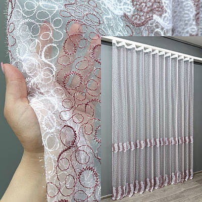 Тюль органза з вишивкою та люрексом. Колір бордовий з білим. Код 1688т