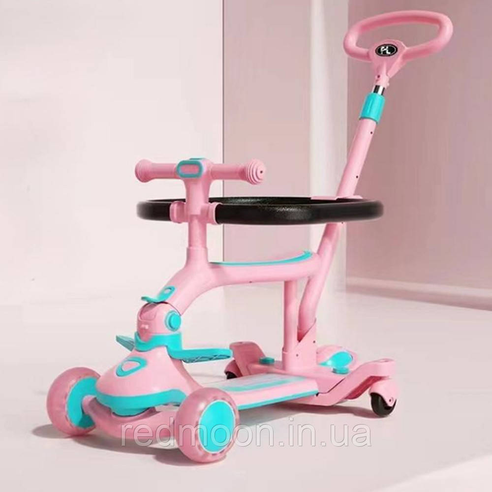 Дитячий самокат триколісний з музикою та ручкою 5в1 / Самокат із захисними бортиками / Самокат з ручкою, фото 1