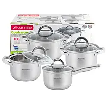 Набір посуду 8 предметів (ківш 2.1 л; каструлі 2.9 л, 3.9 л, 6.5 л) з нержавіючої сталі Kamille 5632S