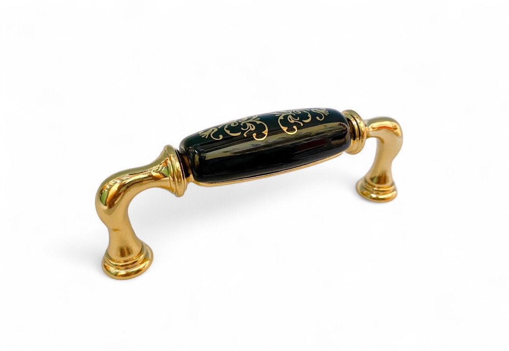 Ручка-скоба ORO NOTTE з чорною візерунковою керамічною вставкою URB-16-490 золото 96 мм, фото 1