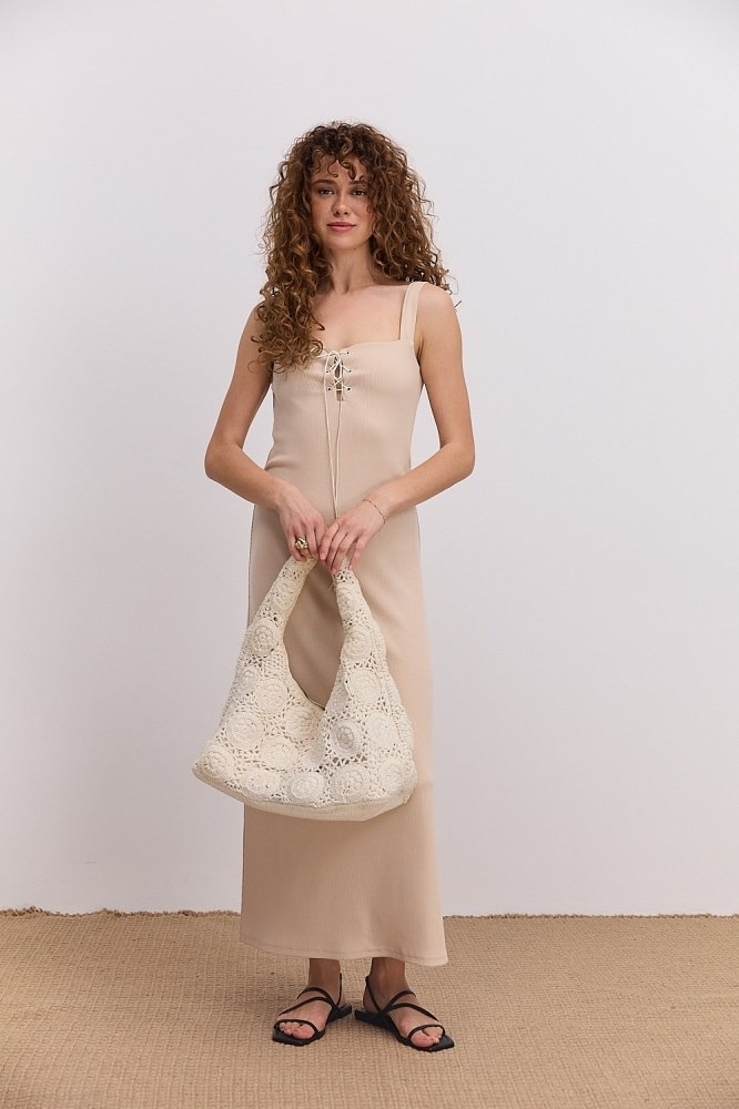 Довге трикотажне плаття в рубчик із зав'язками на грудях, фото 1