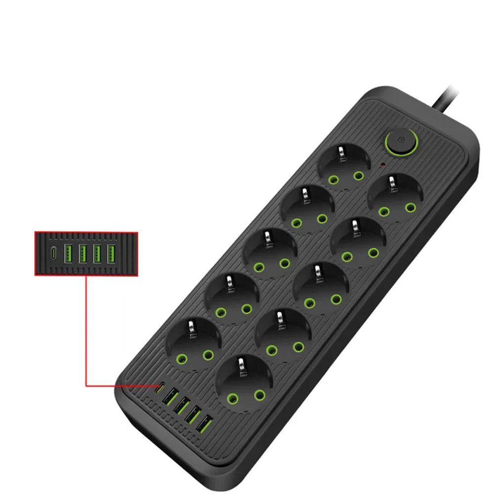 Подовжувач електричний 5м, 10×220В+4×USB+1×Type-C, Тк-16, Чорний/ Подовжувач з вимикачем / Мережевий фільтр, фото 1