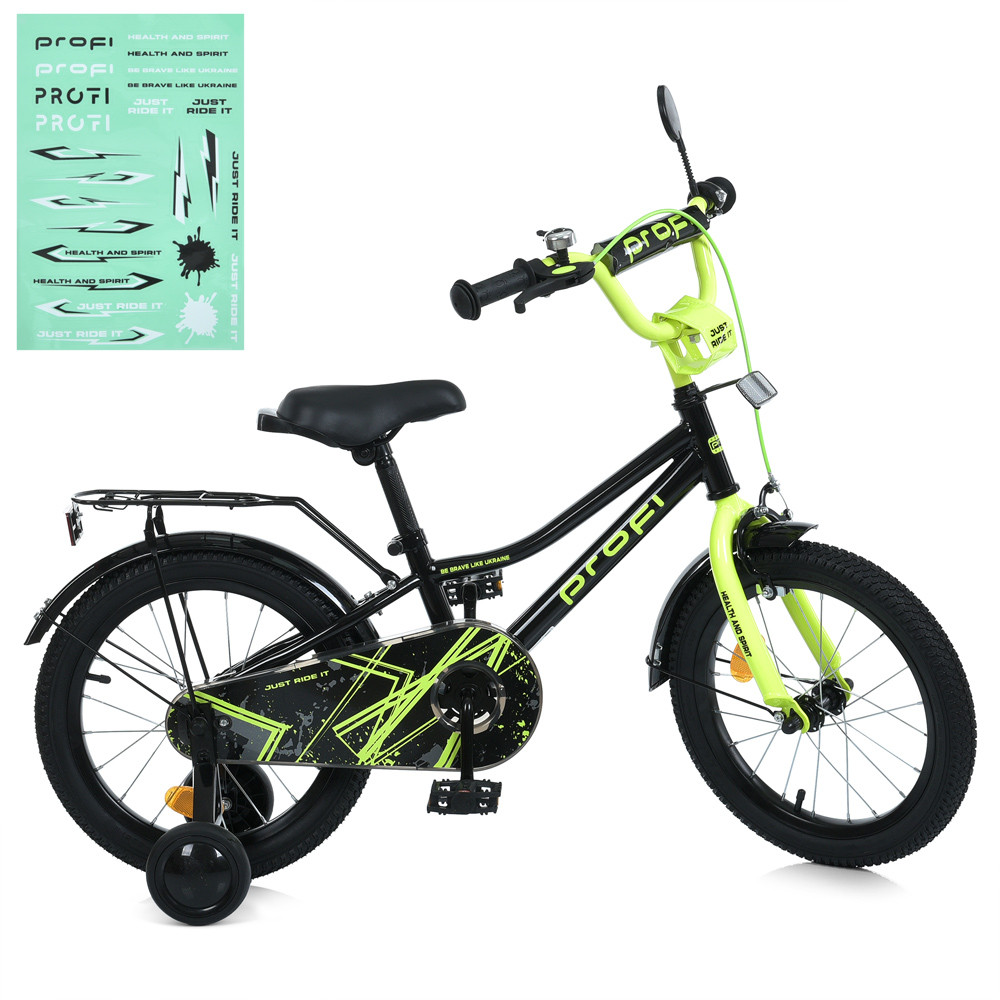 Дитячий велосипед PROF1 MB 14015-1 14" дюймів, сталева рама, страхувальні колеса, багажник із затискачем, чорний, фото 1