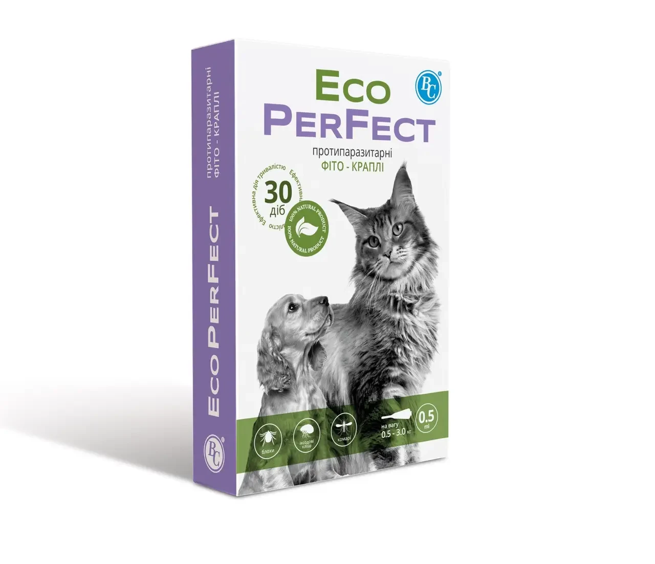 Протипаразитарні фіто-краплі Eco PerFect від бліх, кліщів та комарів для котів та собак на вагу 0,5-3кг (4 шт)