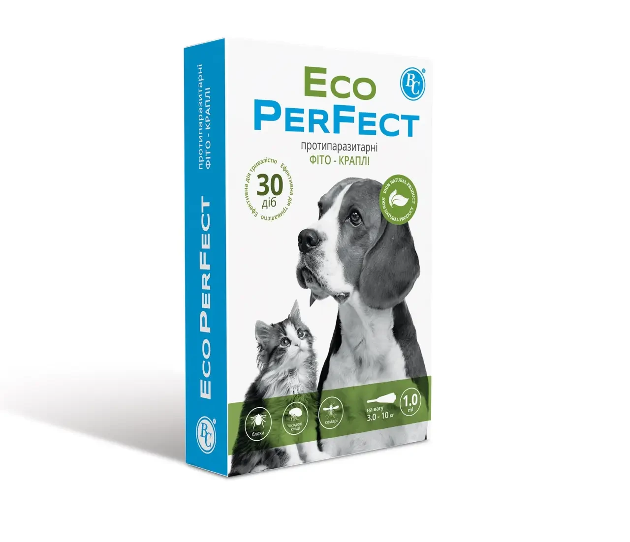 Протипаразитарні фіто-краплі Eco PerFect від бліх, кліщів та комарів для котів та собак на вагу 3-10кг (4 шт)