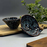 Керамічна піала для чаю з ефектним покриттям у стилі кераміки Цзянь Равлик - (1шт 80мл) Блакитна