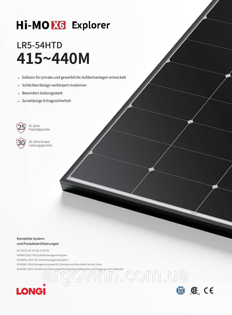 Сонячна панель LONGi Solar LR5-54HTD 435M Bifacial / чорна рамка / подвійне скло, фото 1