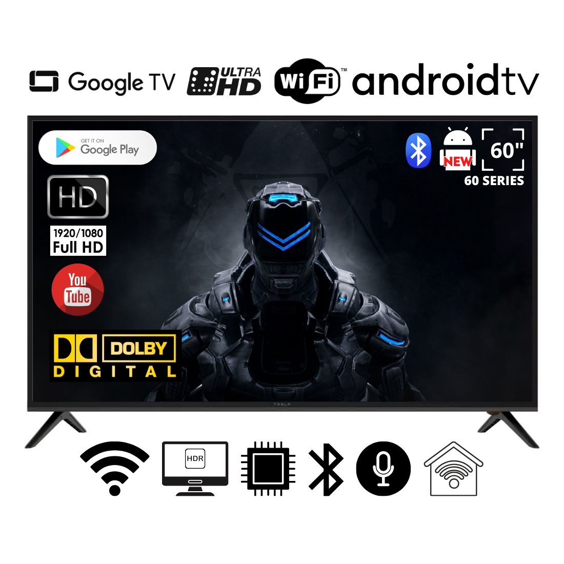 Телевізор Smart FHD TV TESLA 60" Smart DVB/T2/FullHD/USB Android 15.0 блютуз пульт, фото 1