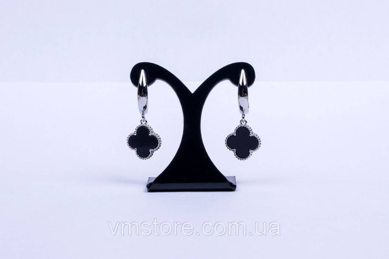 Сережки з чорною конюшиною, англійська застібка, родовані, фото 1