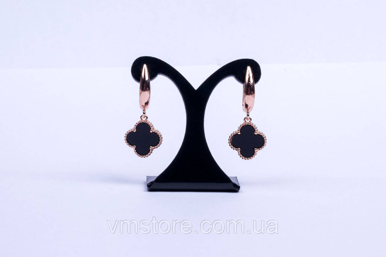 Сережки жіночі з чорною конюшиною, англійська застібка, медична сталь, фото 1