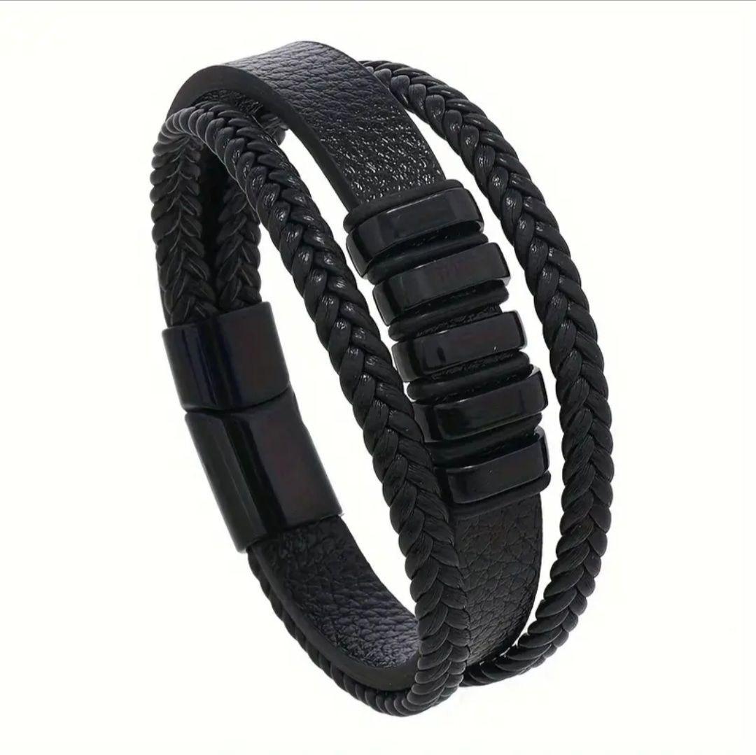 Браслет шкіряний Zig Jewelry чорний з чорними вставками