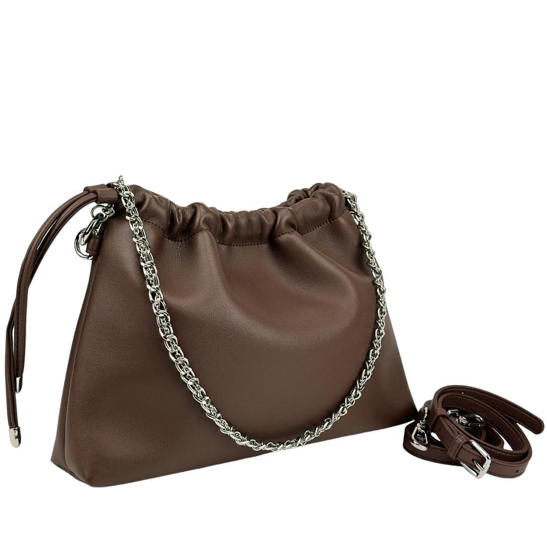 Жіноча шкіряна сумка-кисет на затяжці UnaBorsetta NW11-6851DB коричнева